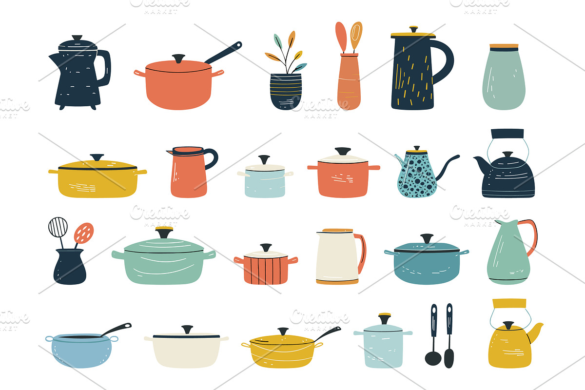 Kitchenware Set. Pots, Pans, Kettles, a Food Illustration by LadadikArt
