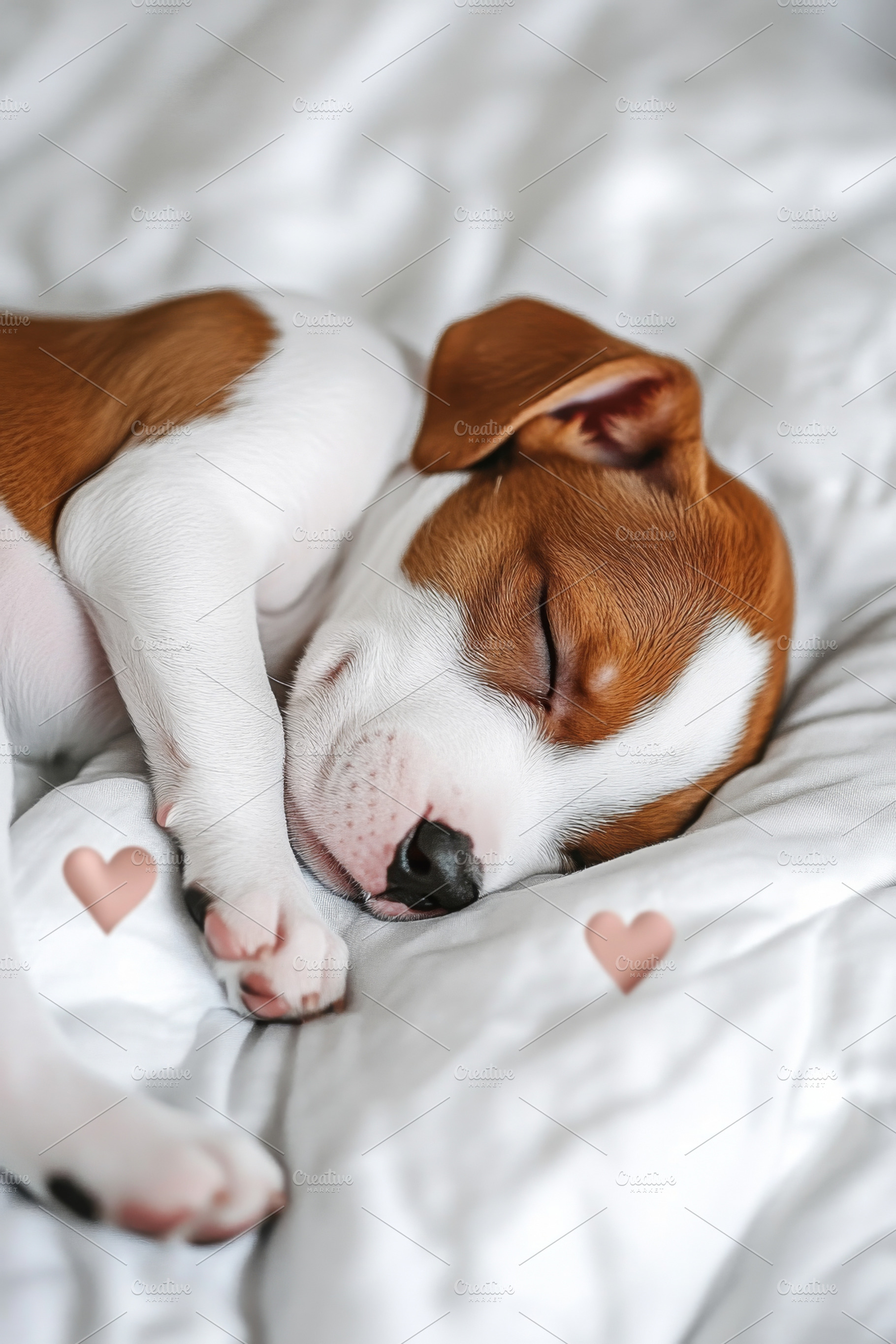 Sleeping puppy with heart symbols, p, a Photo by Dvoevnore photos