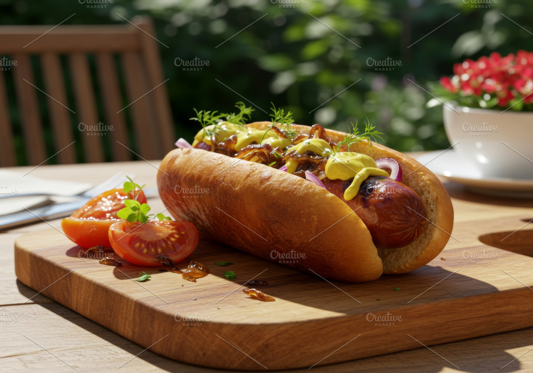Grilled hot dog with mustard, onions, a Food & Drink Photo by professorinc