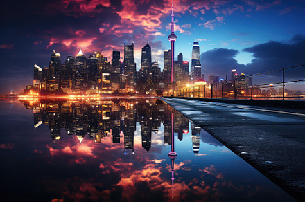 Dynamic cityscape at night neon ligh, a Photo by SaroStock