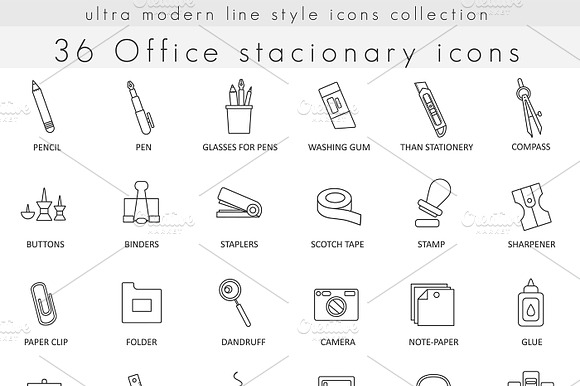 36 Office Stationery Line Icons Set.