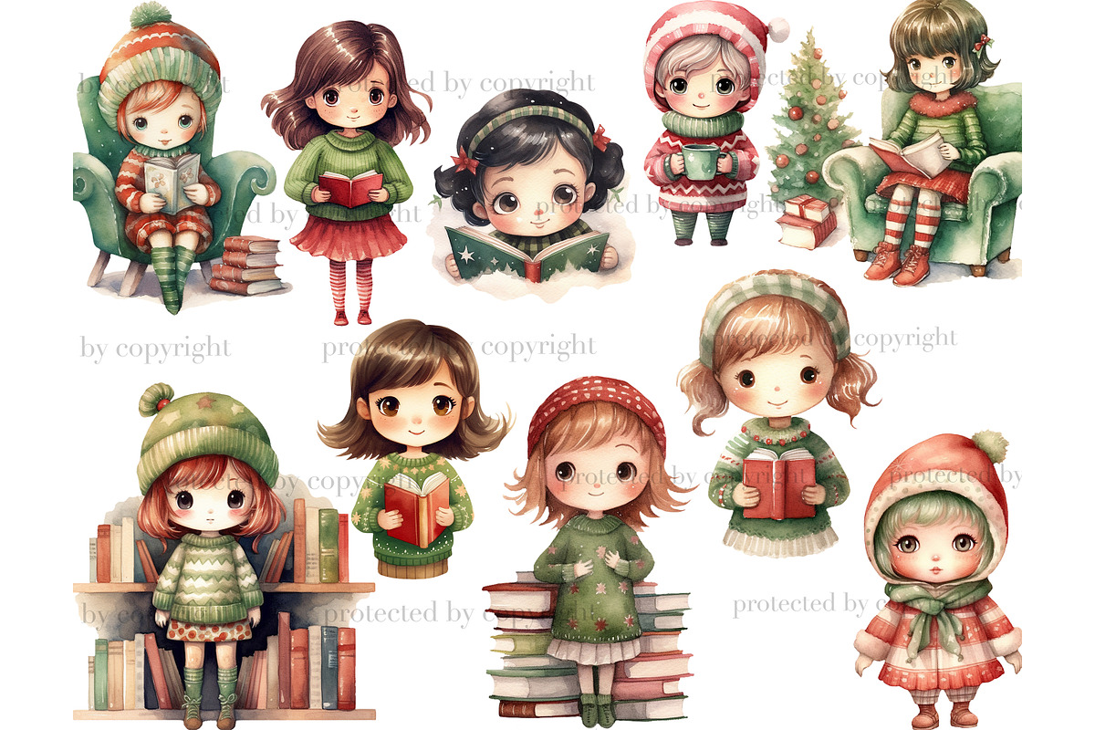 Christmas Cute Bookworm Clipart, a Person Illustration by GlamArtZhanna (Photo 3 of 5)