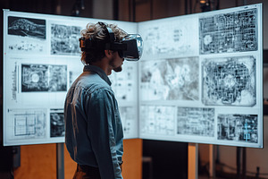 A virtual prototyping specialist person wearing a virtual reality headset stand, a Person Photo by Textures & Backgrounds
