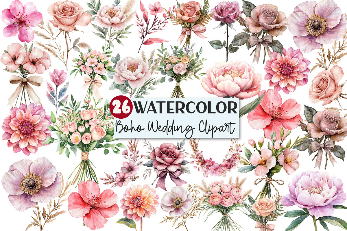 Pink Boho Wedding Floral Clipart, an Illustration by Rose Art (Photo 1 of 7)