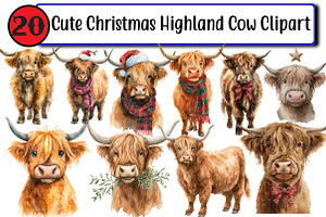 Cute Christmas Highland Cow, an Illustration by Design Market