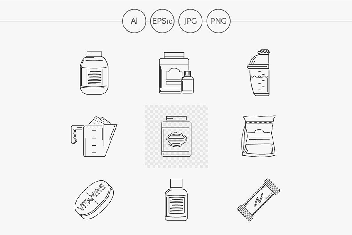 Sport nutrition line vector icons