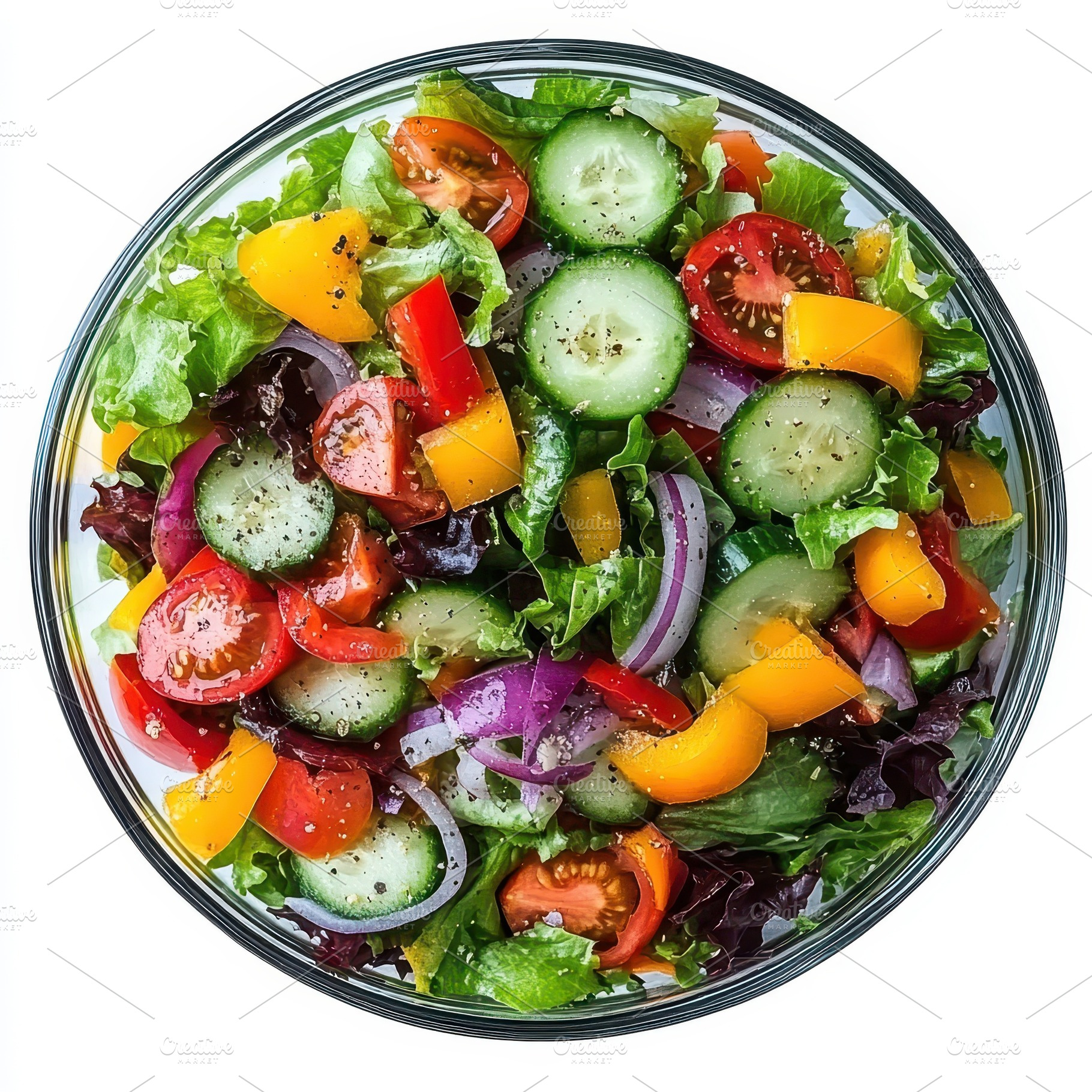 Fresh vegetable salad in glass bowl, a Food & Drink Photo by Pixeness Studio