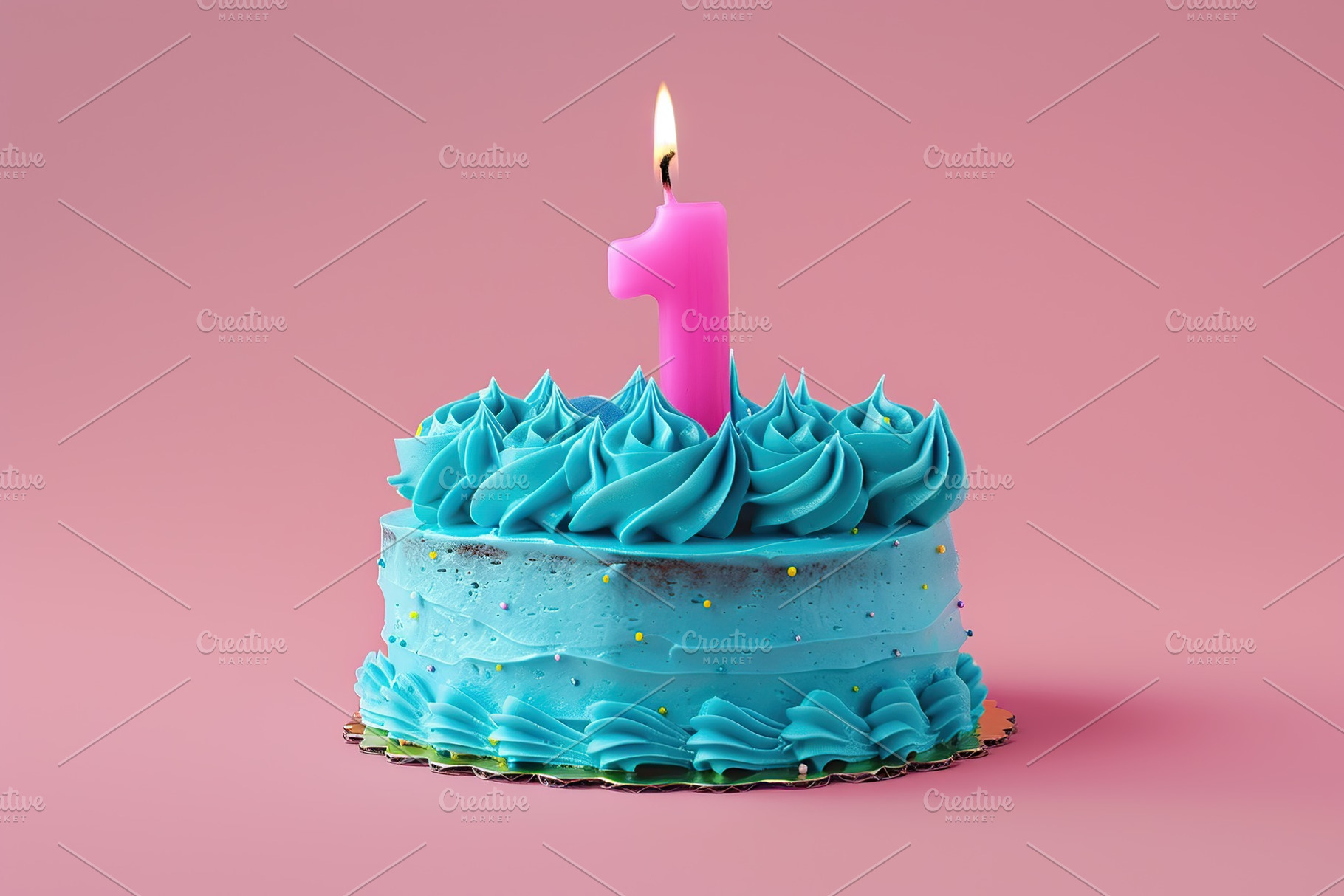 Birthday cake with one candle number 1 on pink background, a Food & Drink Photo by AlyaAnd