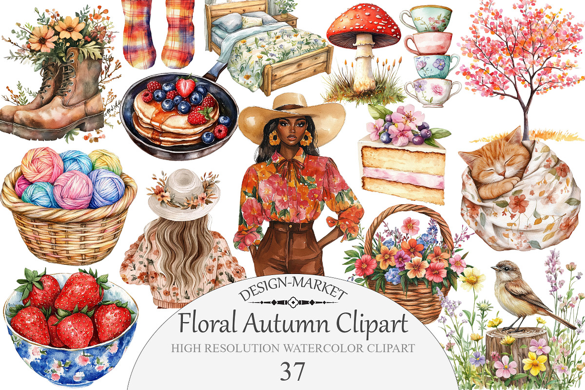 Watercolor Floral Autumn Clipart, an Illustration by Design Market (Photo 1 of 4)