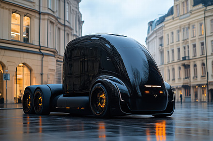 A futuristic black truck with a sleek design parked on a wet street, reflecting, a Transportation Photo by Textures & Backgrounds
