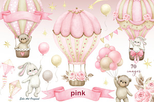 Teddy bear,bunny, hot air balloons.