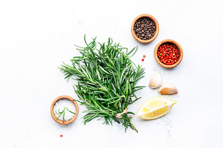 Fresh rosemary, sea salt, black and pink pepper, garlic and oliv, a Food & Drink Photo by 5PH