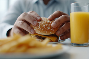 Man holding cheeseburger with fries, a Food & Drink Photo by MistyDay