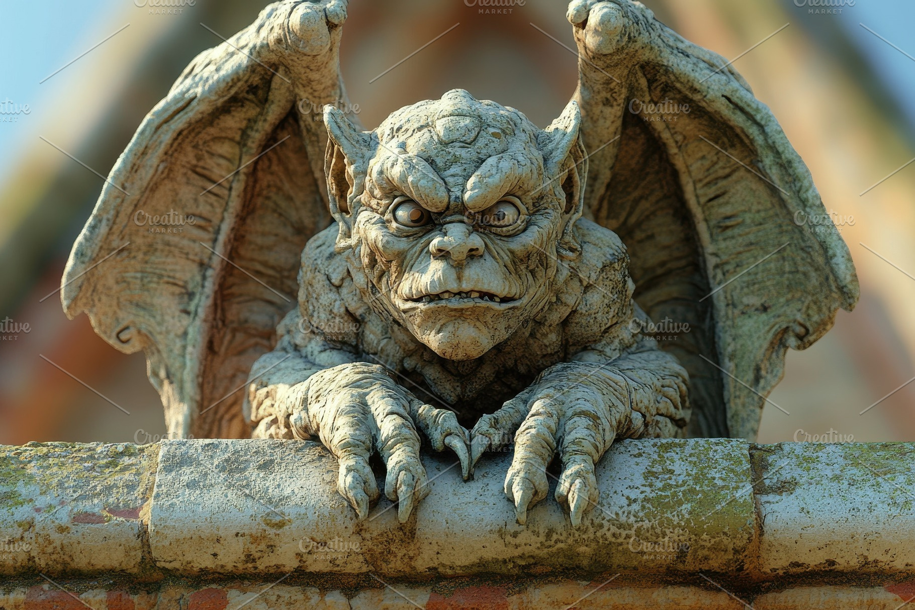 Gargoyle perched on a historic build, a Photo by Tanuart