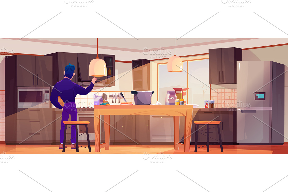 Cartoon man looking inside kitchen, an Object Illustration by art PVP - market