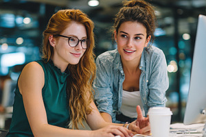 Two young women coworkers collaborat, a Photo by Pixeness Studio