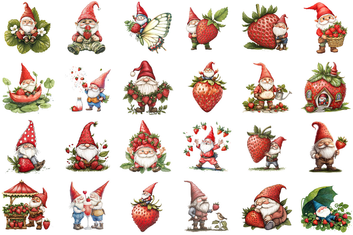 Watercolor Strawberry Gnomes Clipart, an Illustration by Sublimation Artist (Photo 2 of 6)