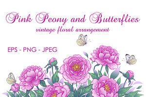 Peony Flowers And Butterflies