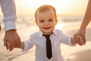 Smiling child holds hands at sunset, a Photo by Beautiful things