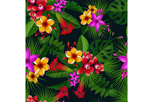 Exotic Summer Tropical Flowers. Vector Seamless Pattern. Vintage Illustration