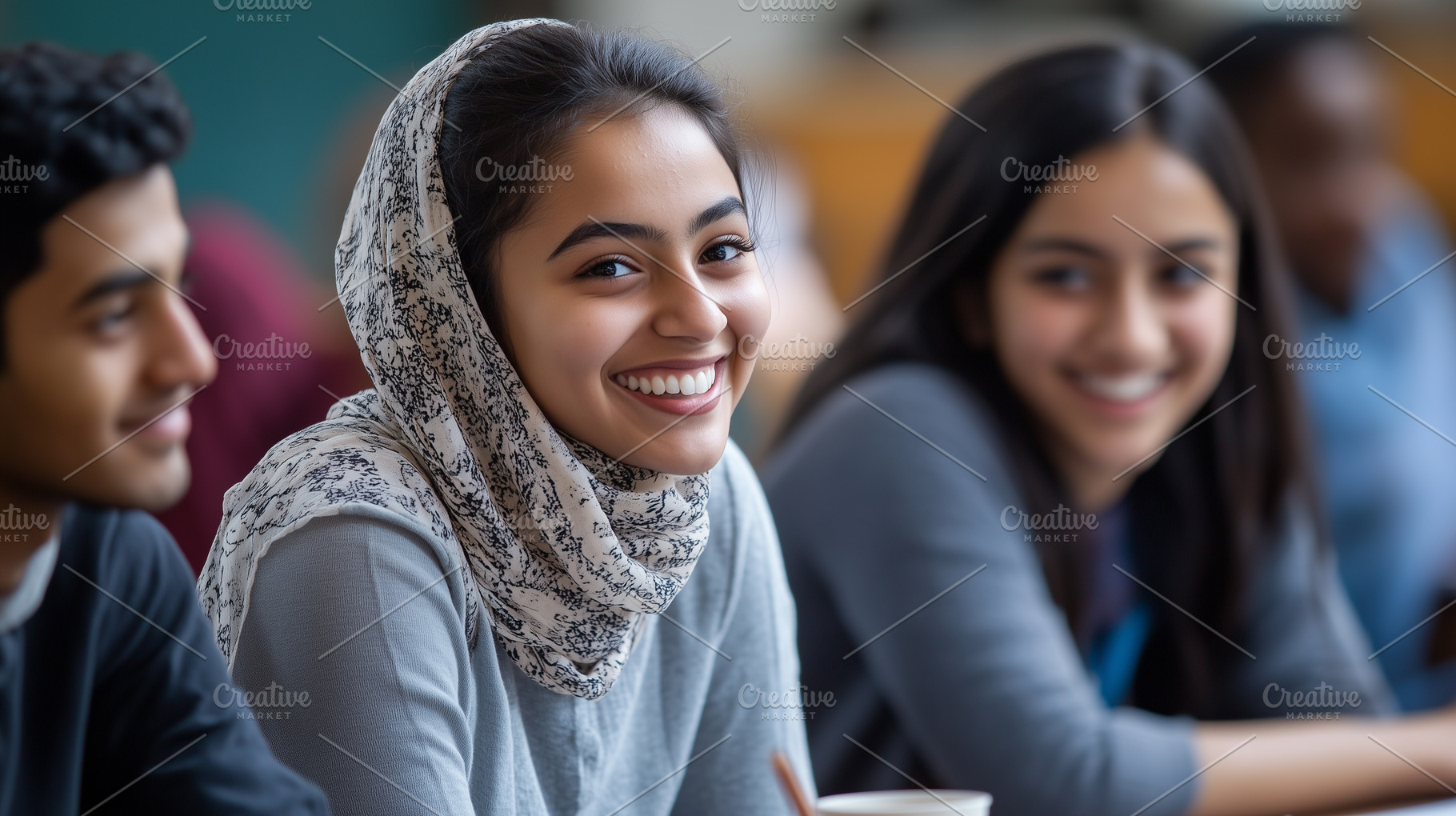 Female muslim student among friends, a Person Photo by MistyDay