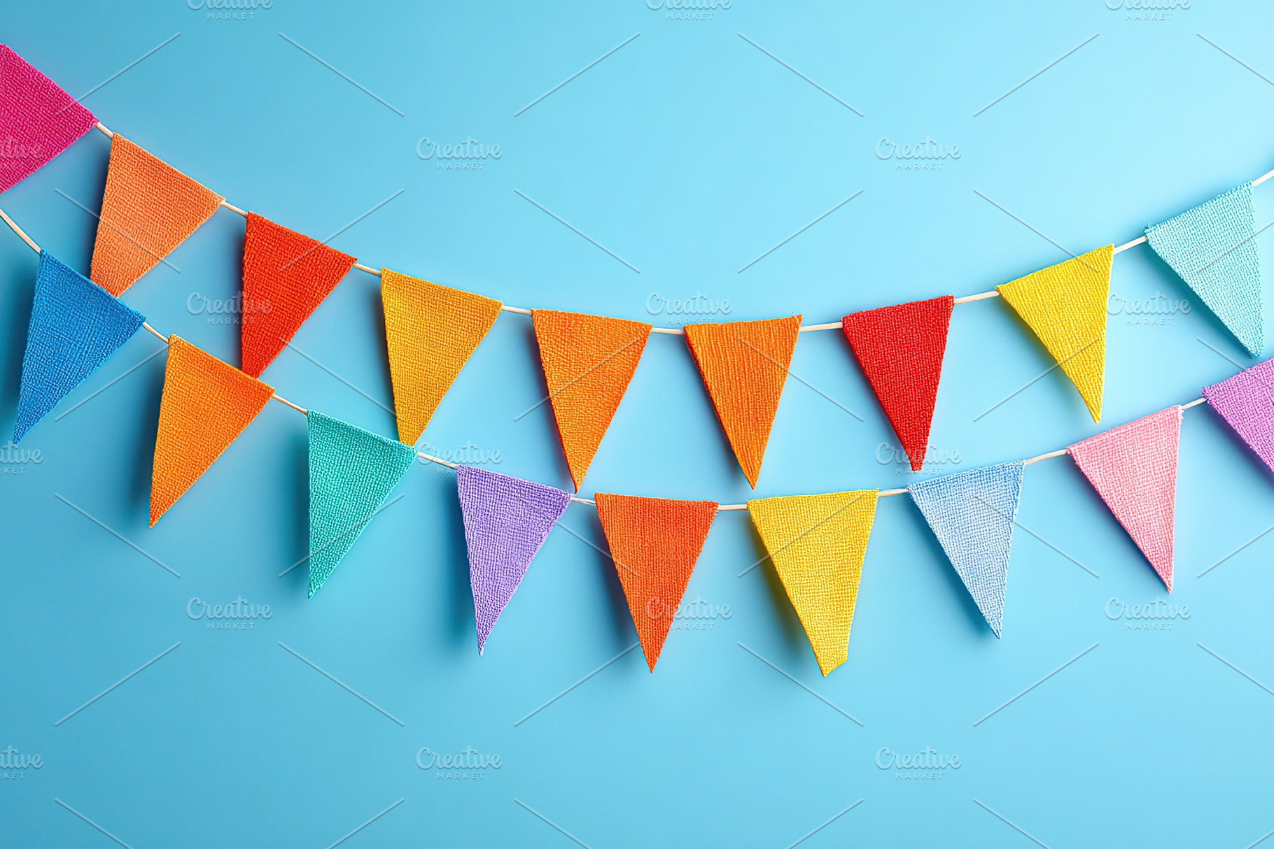 Colorful bunting flags hanging horizontally against a bright blue background fo, a Background Photo by AlyaAnd