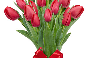 A bouquet of red tulips with green leaves, tied with a festive r
