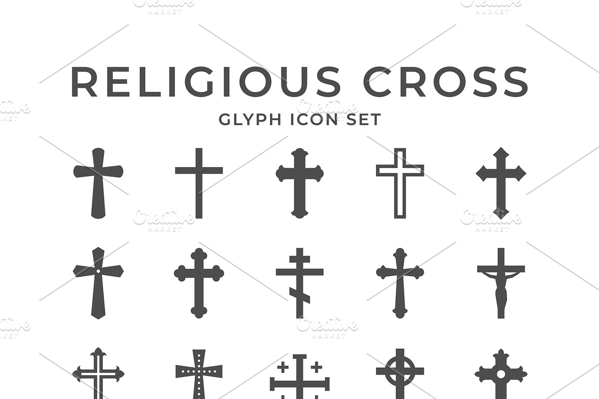 Set glyph icons of religious cross, a Solid Icon by motorama