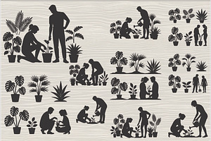 silhouette couple gardening together, an Illustration by Amazin_art