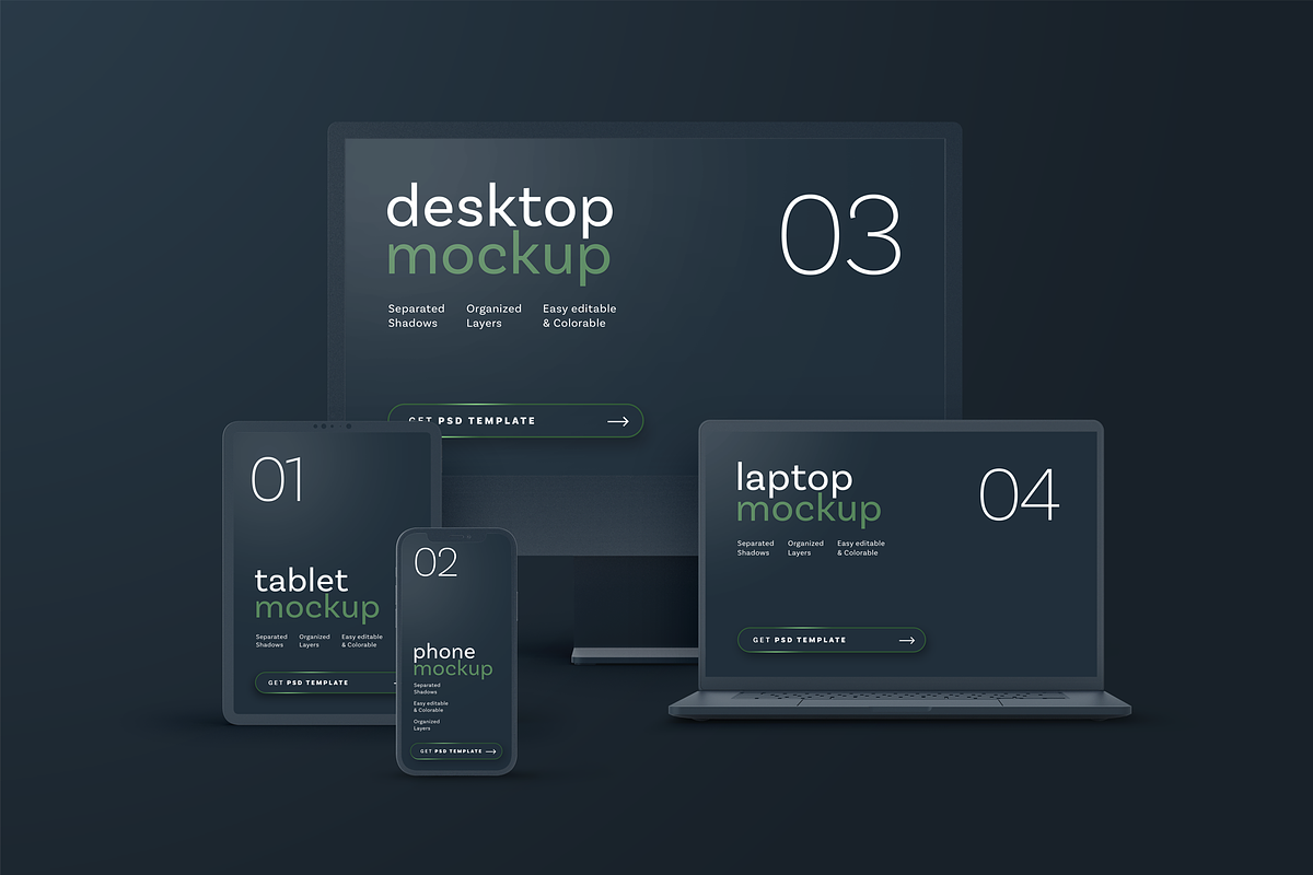 Dark Multi Device Screens Mockup, a Mac Mockup by Xtrahive (Photo 2 of 2)