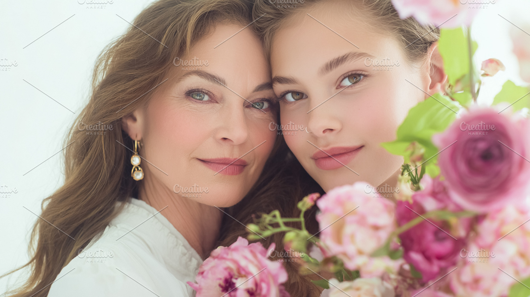 Mother and daughter embracing with beautiful flowers, celebratin, a Photo by Studio ANNA
