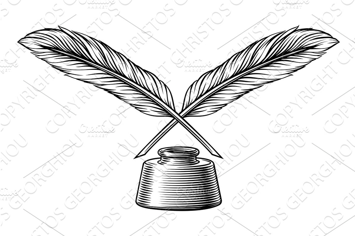 Crossed Ink Pen Feather Quills, an Object Illustration by Christos Georghiou