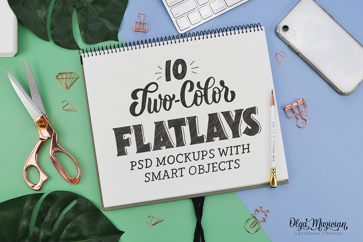 10 Two-Color Flat Lay .PSD Mockups, a Print Template by Olga Muzician (Photo 1 of 3)