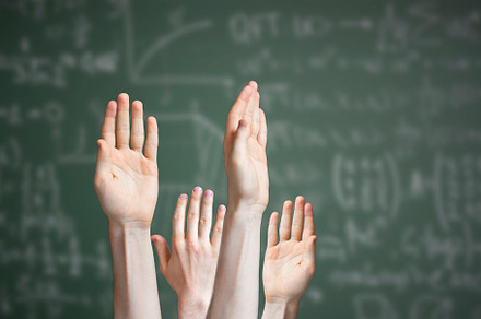 a group of pupil raise hand and want to answer the teachers question, blackboar, a Photo by Mikee's stuff