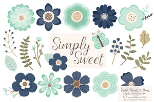 Navy & Mint Flowers Clipart, an Illustration by Amanda Ilkov