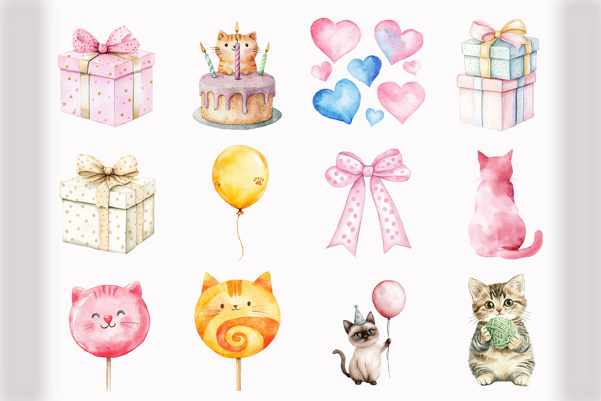 Watercolor Cats Birthday Clipart, an Illustration by Design Market (Photo 2 of 5)
