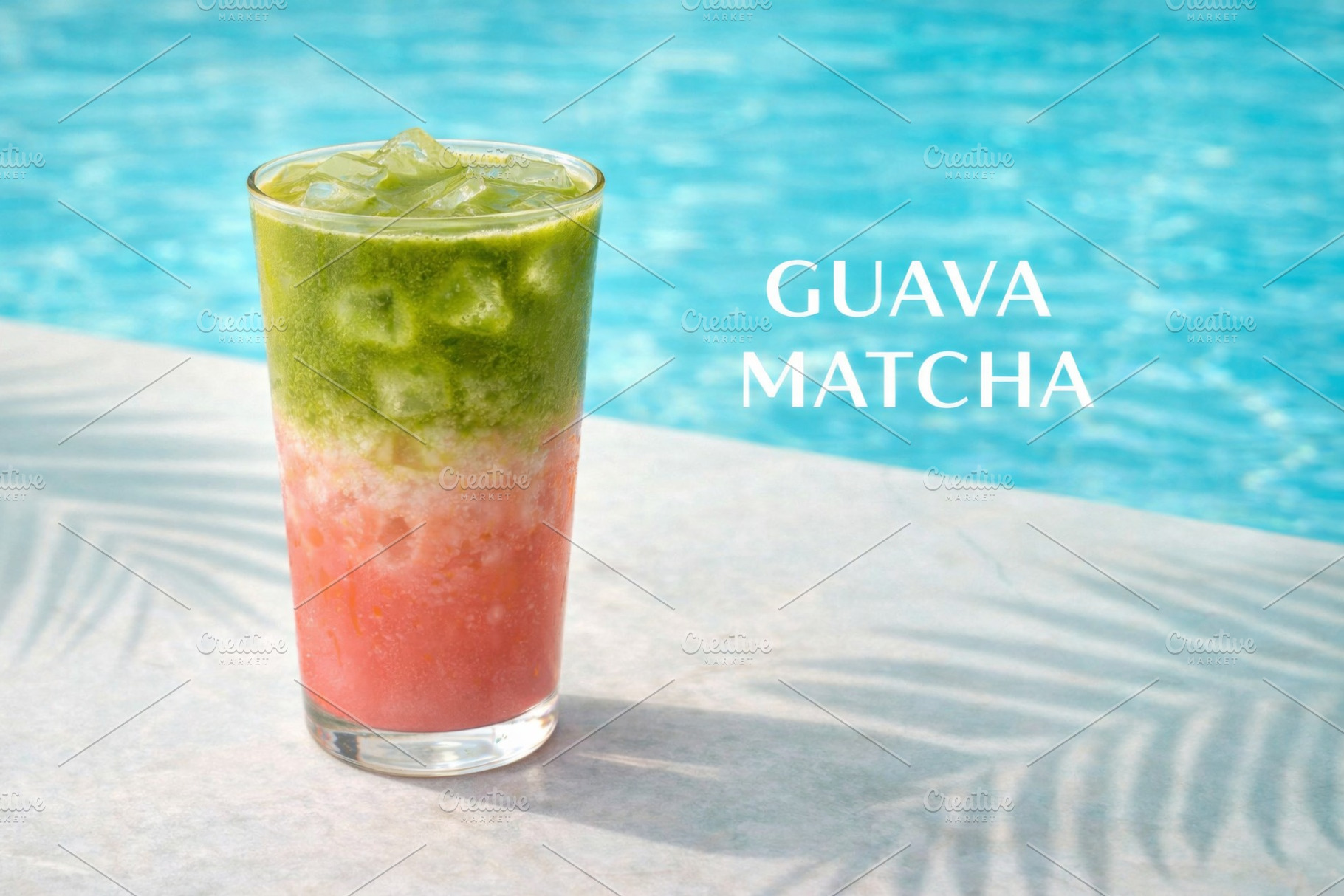 Guava matcha drink by poolside with, a Photo by Dvoevnore photos