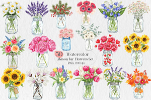 Watercolor Mason Jar Flowers Set, an Illustration by Creative Art
