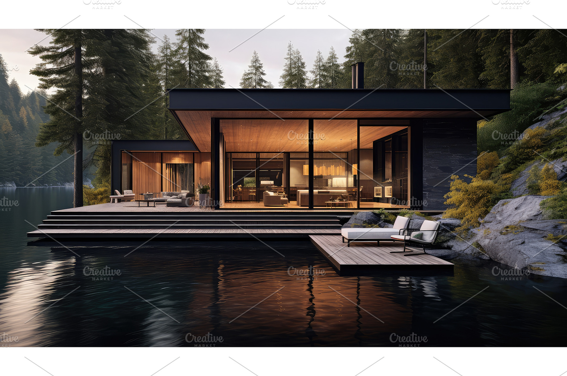 waterfront modern lake house ai, an Architecture Photo by pikepicture