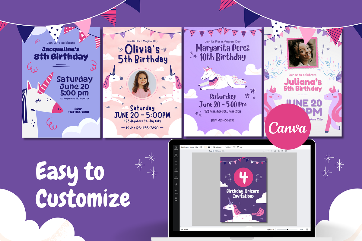 Unicorn Birthday Invitations, a Templates & Theme by TemplateCastleStore (Photo 6 of 9)