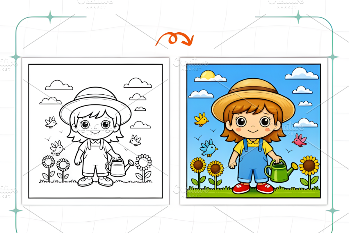 Spring Girl Activities Coloring Page, a Decorative Illustration by Ink Gallery (Photo 5 of 8)