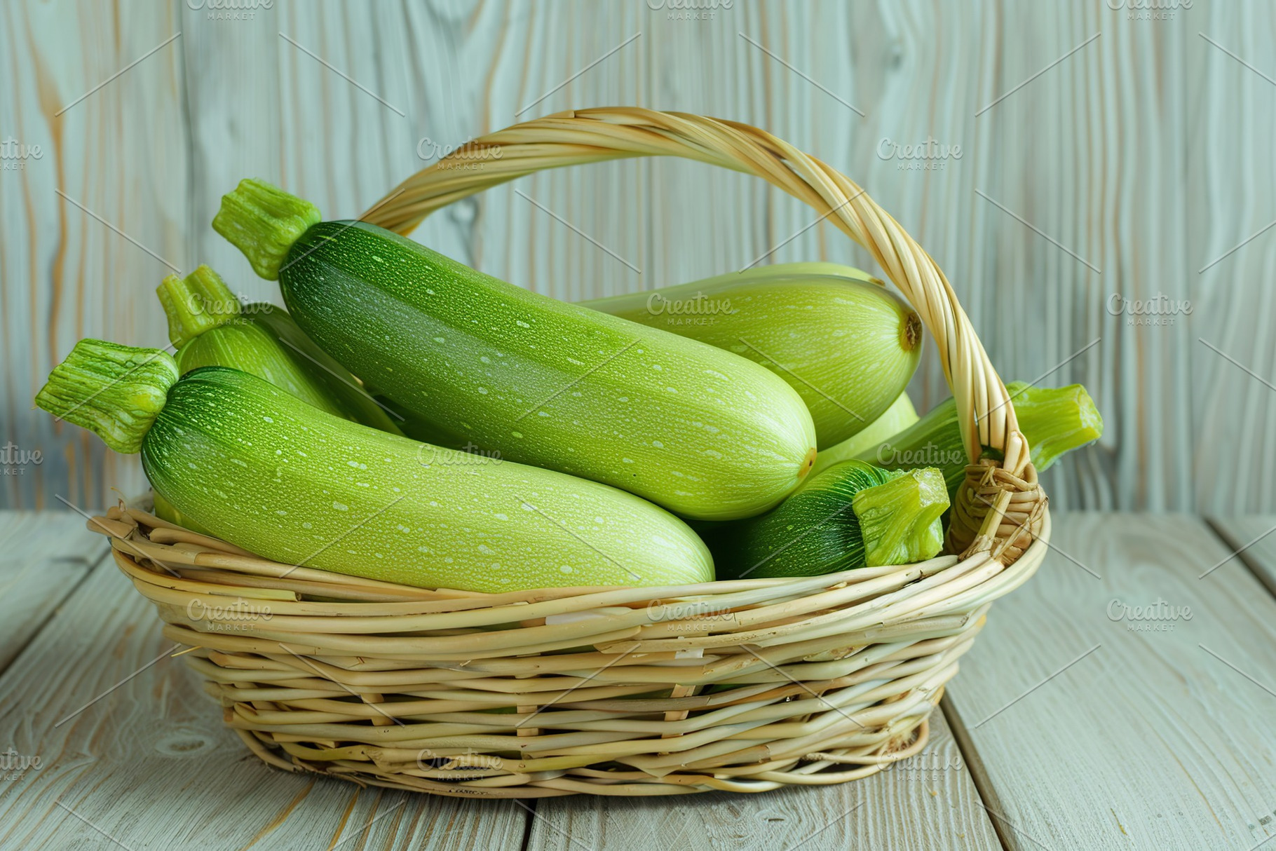 Green zucchini in basket on wooden table, a Food & Drink Photo by AlyaAnd