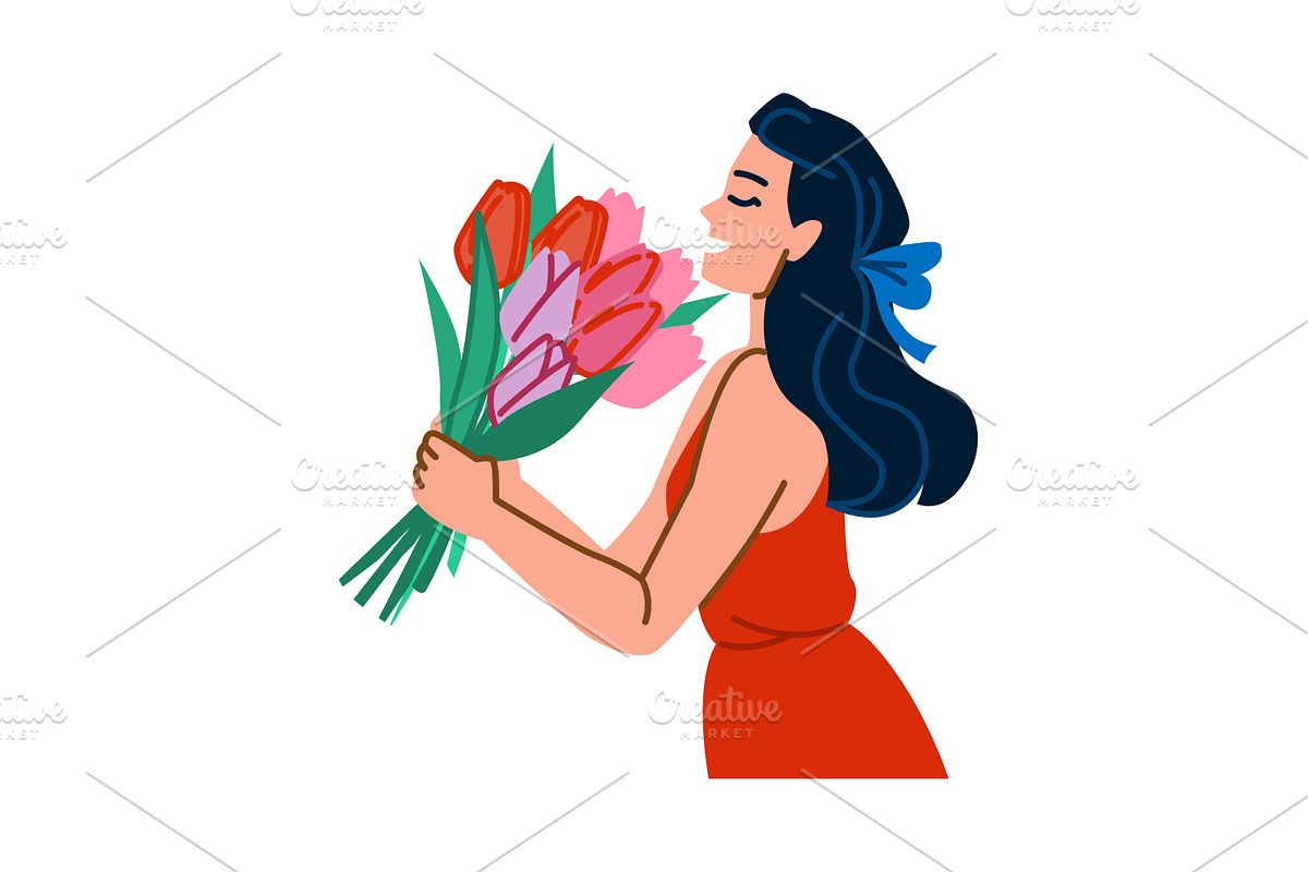 Woman smelling colorful tulips, an Illustration by pikepicture