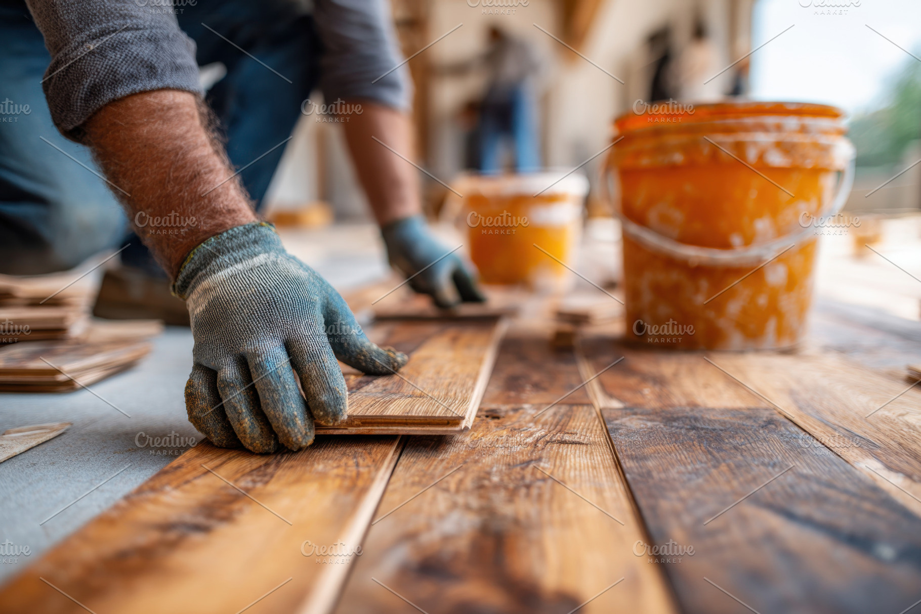 Two workers focus on installing wooden planks on the floor at a construction si, an Industrial Photo by AlyaAnd