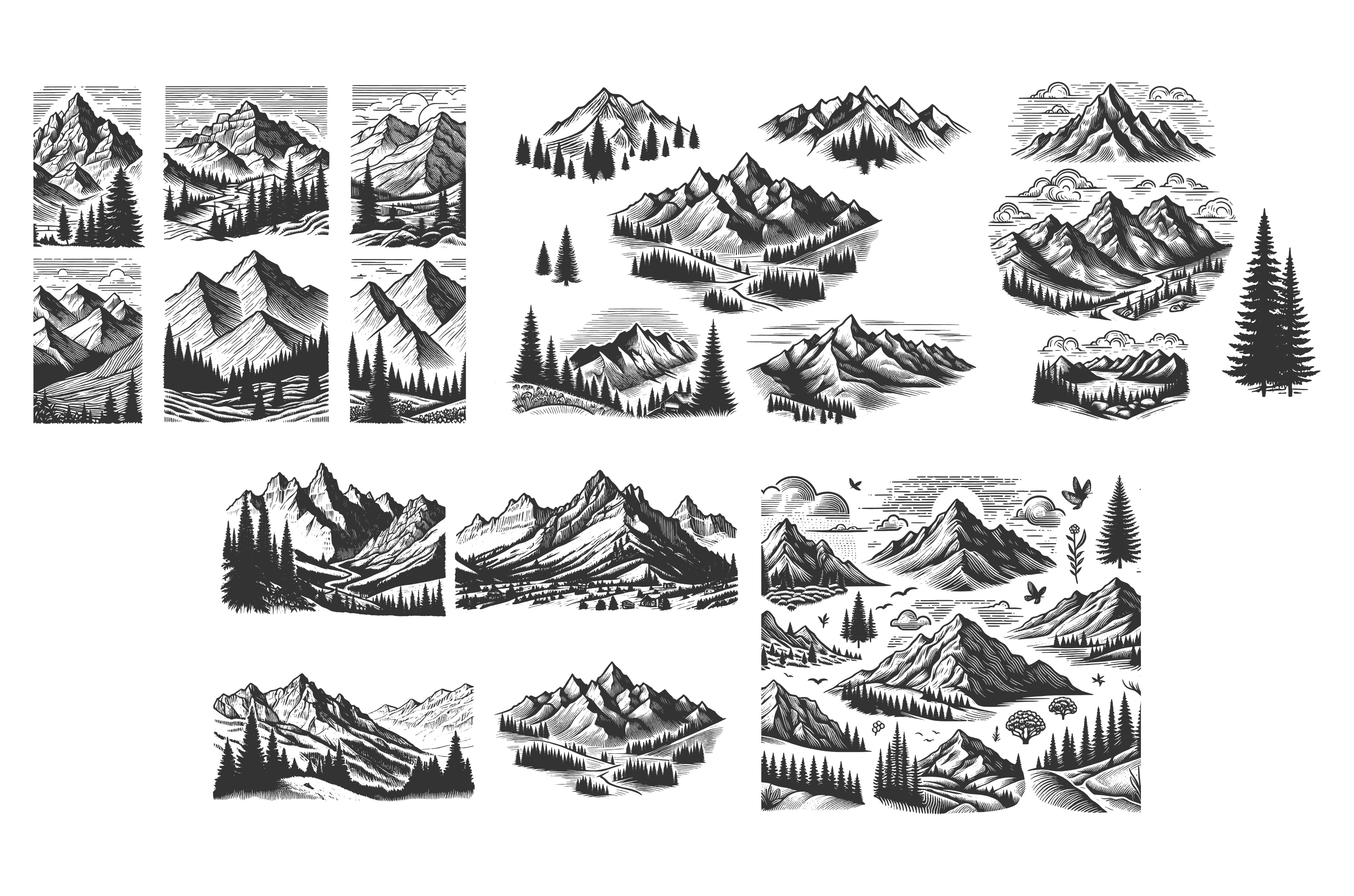 Mountain Landscape engraving set, an Illustration by AlexArt