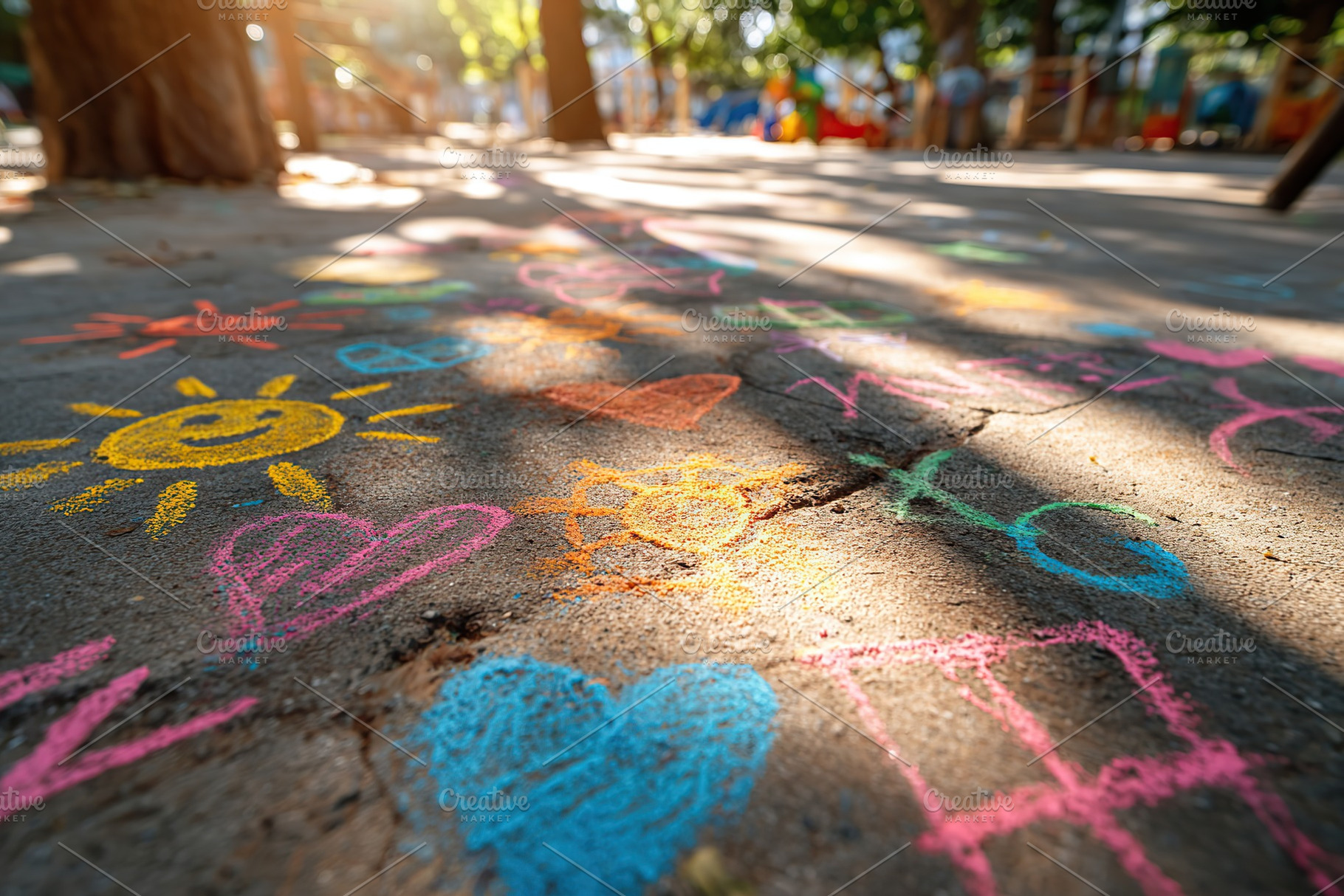 Colorful chalk drawings adorn the warm pavement of a playful outdoor space, a Photo by AlyaAnd