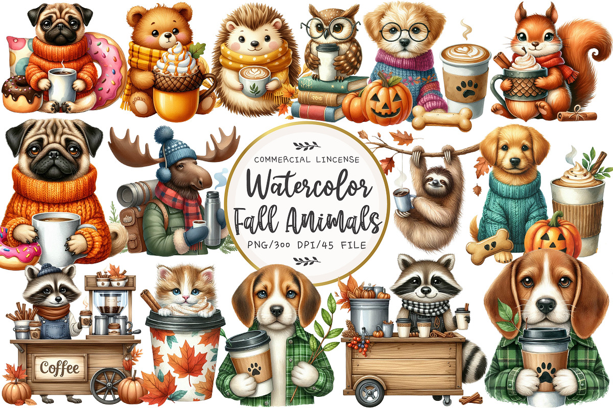 Fall Coffee Animals Clipart, an Illustration by OK Design (Photo 1 of 5)