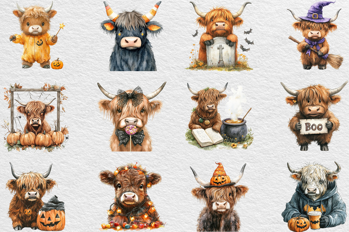 Halloween Highland Cow Clipart, an Illustration by Black Bird Studio (Photo 2 of 6)