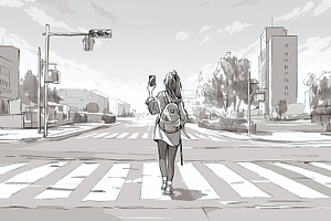 Teenager walks across urban street holding smartphone and wearing a backpack, a Photo by AS photostudio