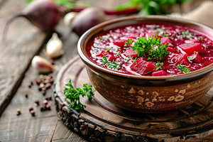 Bowl of beet root soup borsch on wooden table, a Photo by AlyaAnd